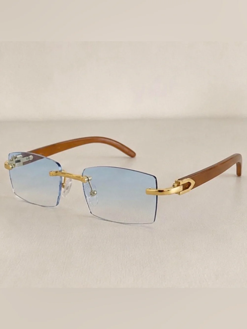 Luxury Rimless Rectangle Sunglasses Blue Gradient Gold Brown